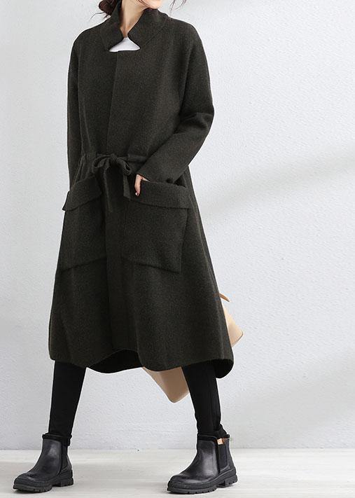 Fine plus size fall coat army green Square Collar tie waist Woolen Coats - SooLinen