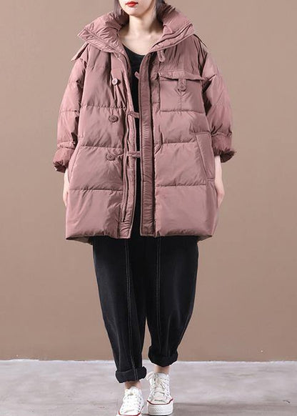 Fine plus size snow jackets pink hooded zippered goose Down coat - SooLinen