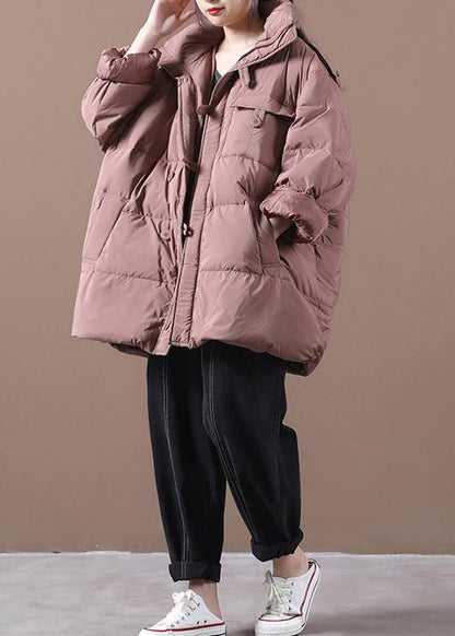 Fine plus size snow jackets pink hooded zippered goose Down coat - SooLinen