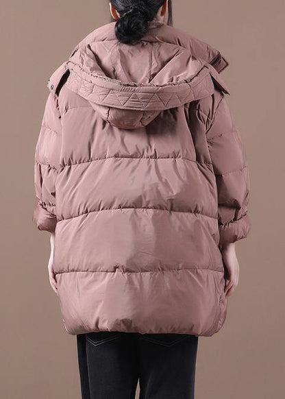 Fine plus size snow jackets pink hooded zippered goose Down coat - SooLinen