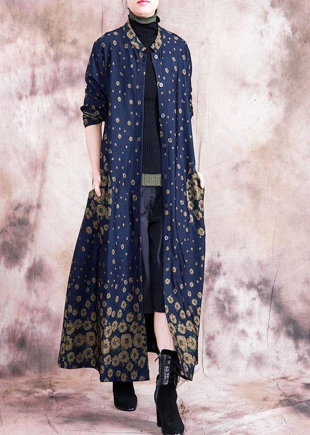 Fine plus size trench coat fall outwear yellow print Button Down pockets Coats Women - SooLinen