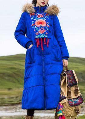 Fine plus size womens parka embroidery overcoat blue hooded goose Down coat - SooLinen