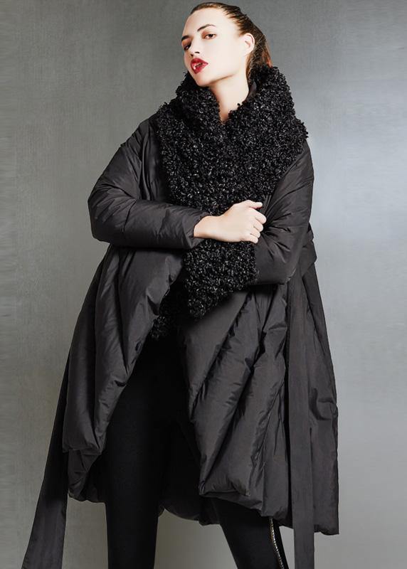 Fine plus size womens parka tie waist coats black fur collar goose Down coat - SooLinen