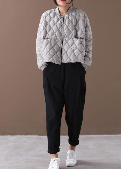 Fine plus size womens parka winter outwear gray stand collar Geometric warm winter coat - SooLinen