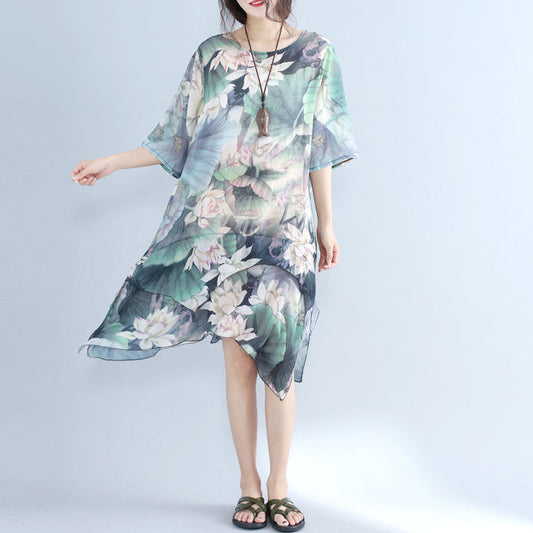 Feine Drucke Chiffonkleid Plussize Chiffon Maxikleid Boutique Halbarm asymmetrischer Saum Kleidungskleid
