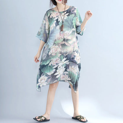 Feine Drucke Chiffonkleid Plussize Chiffon Maxikleid Boutique Halbarm asymmetrischer Saum Kleidungskleid