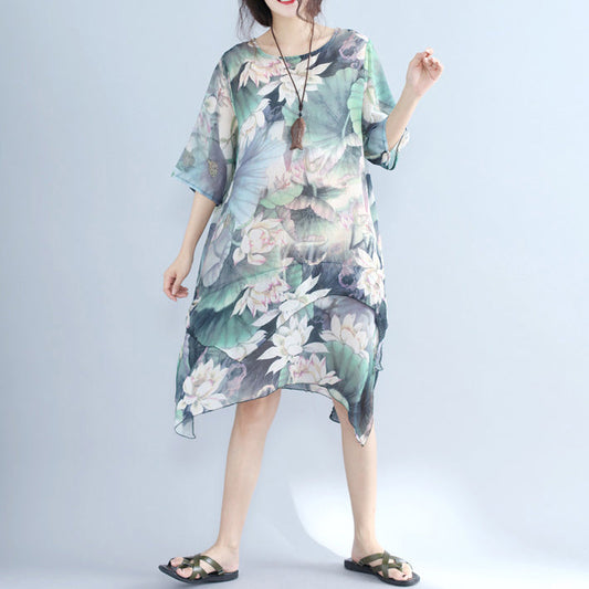 Feine Drucke Chiffonkleid Plussize Chiffon Maxikleid Boutique Halbarm asymmetrischer Saum Kleidungskleid