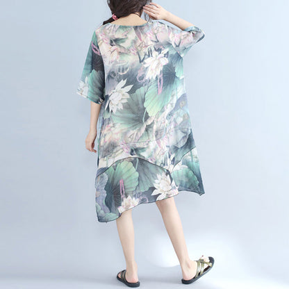 Feine Drucke Chiffonkleid Plussize Chiffon Maxikleid Boutique Halbarm asymmetrischer Saum Kleidungskleid