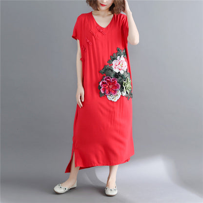 Feines rotes Maxikleid aus Baumwollleinen, lässig, kurzärmelig, bestickte Baumwollkleider, feiner V-Ausschnitt, Reisekleidung