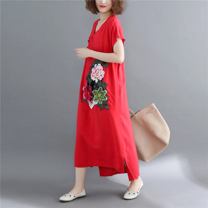 Feines rotes Maxikleid aus Baumwollleinen, lässig, kurzärmelig, bestickte Baumwollkleider, feiner V-Ausschnitt, Reisekleidung