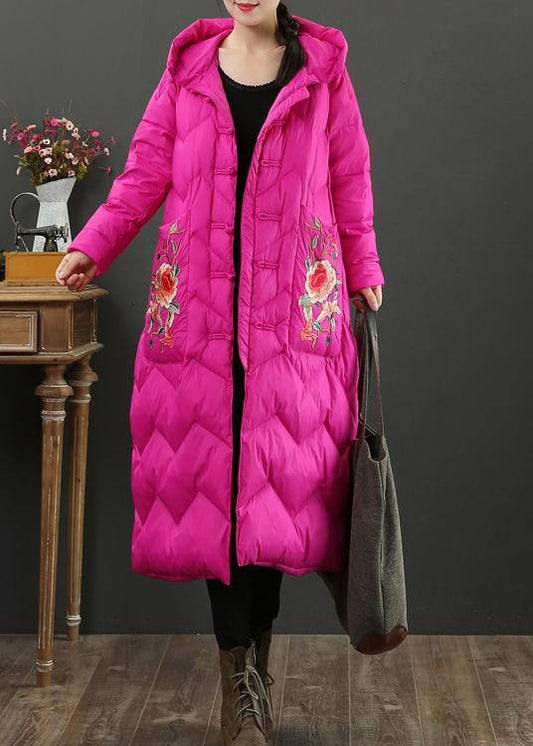 Fine rose embroidery down jacket woman casual snow jackets hooded Warm overcoat - SooLinen