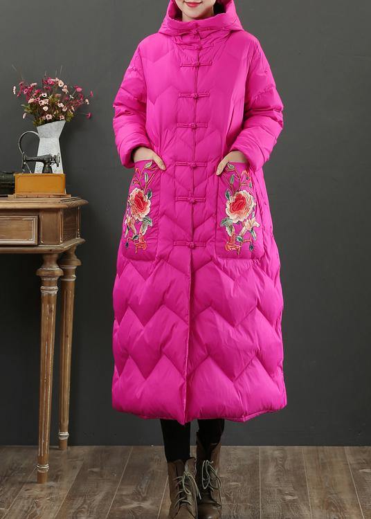 Fine rose embroidery down jacket woman casual snow jackets hooded Warm overcoat - SooLinen