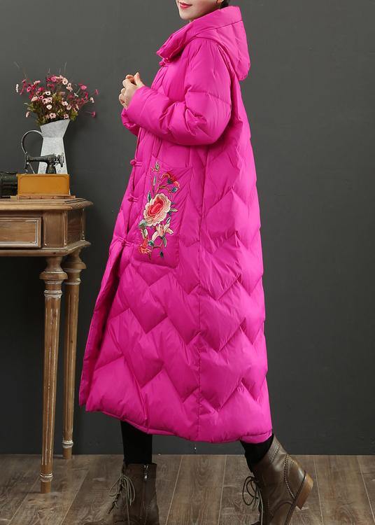 Fine rose embroidery down jacket woman casual snow jackets hooded Warm overcoat - SooLinen
