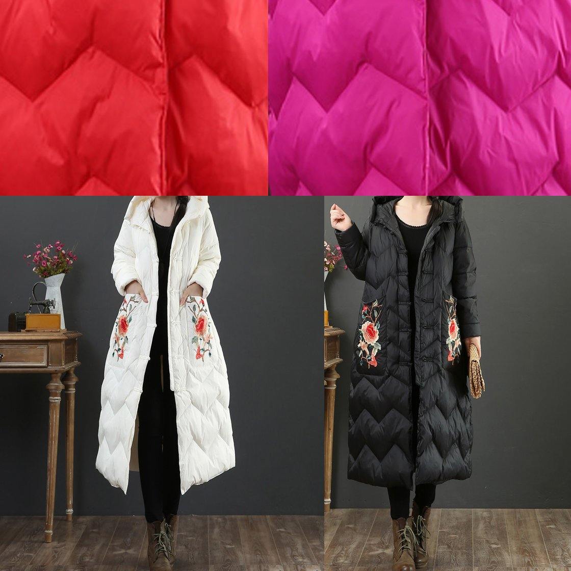 Fine rose embroidery down jacket woman casual snow jackets hooded Warm overcoat - SooLinen