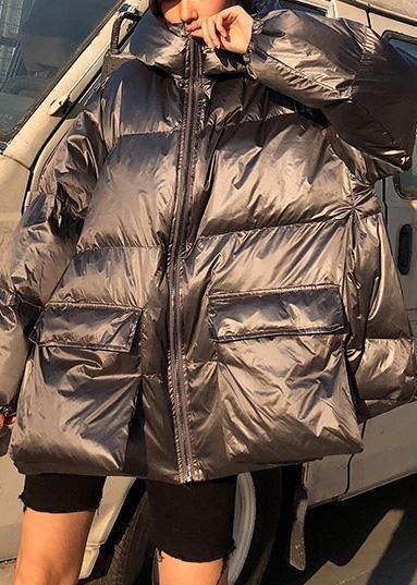 Fine silver gray down coat winter plus size womens parka hooded zippered Fine winter outwear - SooLinen