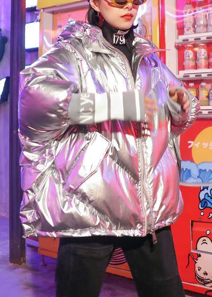 Fine silver gray print women parka oversize down jacket hooded zippered overcoat - SooLinen