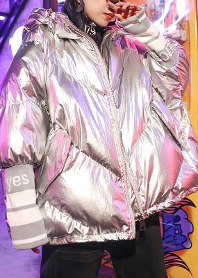 Fine silver gray print women parka oversize down jacket hooded zippered overcoat - SooLinen