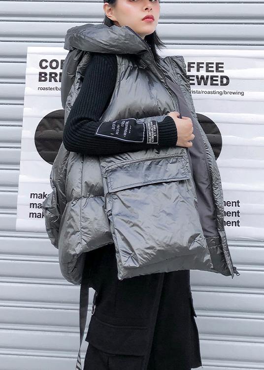 Fine silver gray winter outwear plus size clothing snow sleeveless hooded pockets winter outwear - SooLinen