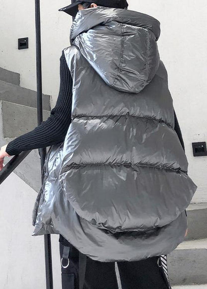 Fine silver gray winter outwear plus size clothing snow sleeveless hooded pockets winter outwear - SooLinen