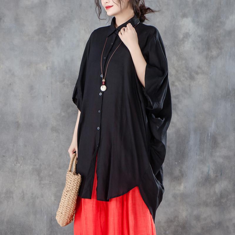 Feines Sommer T-Shirt Locker sitzendes Loose Damen Einreihiges Polo-Kragen Schwarzes Hemd
