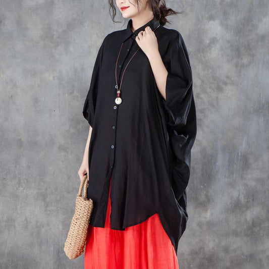 Feines Sommer T-Shirt Locker sitzendes Loose Damen Einreihiges Polo-Kragen Schwarzes Hemd