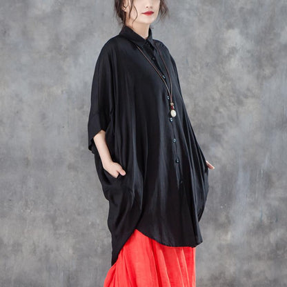Feines Sommer T-Shirt Locker sitzendes Loose Damen Einreihiges Polo-Kragen Schwarzes Hemd