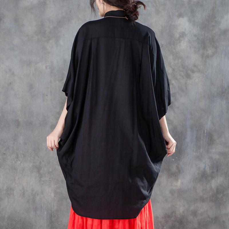 Feines Sommer T-Shirt Locker sitzendes Loose Damen Einreihiges Polo-Kragen Schwarzes Hemd