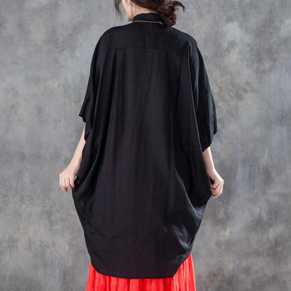 Feines Sommer T-Shirt Locker sitzendes Loose Damen Einreihiges Polo-Kragen Schwarzes Hemd