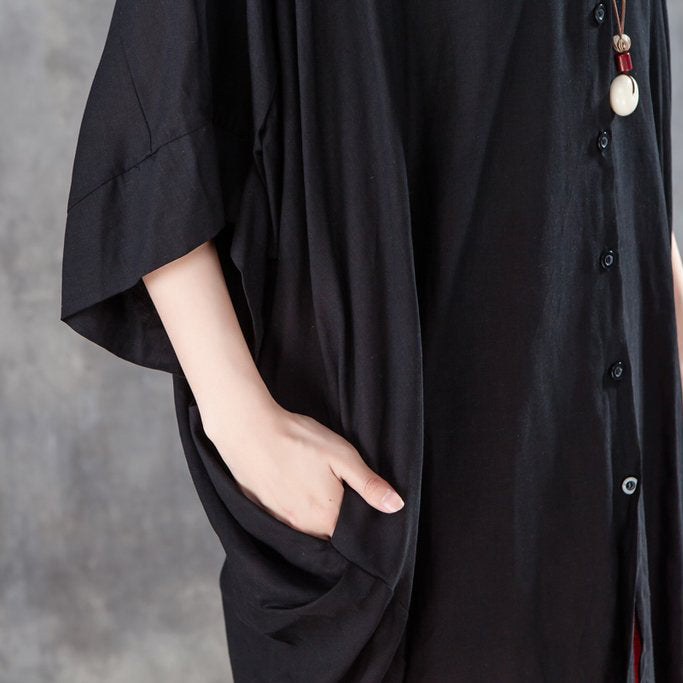 Feines Sommer T-Shirt Locker sitzendes Loose Damen Einreihiges Polo-Kragen Schwarzes Hemd