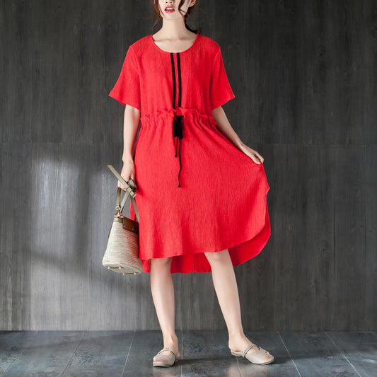 Feines Tencel-Sommerkleid in Übergröße, rotes Sommerkleid für Damen mit Rüschen und Schleife
