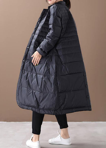 Fine trendy plus size womens parka coats black Notched pockets goose Down coat - SooLinen