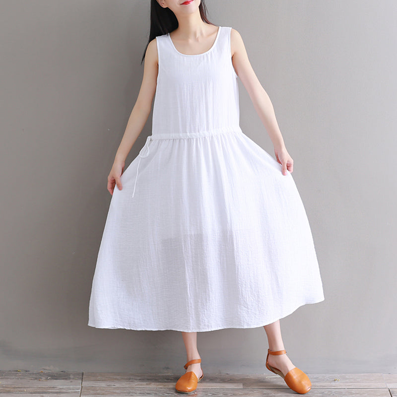 Feines weißes Leinenkleid aus reiner Baumwolle, übergroßes Freizeitkleid, Boutique, ärmelloses Baumwoll-Leinenkleid mit Rundhalsausschnitt und Kordelzug