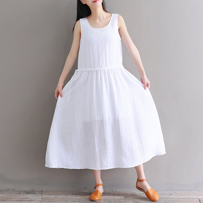 Feines weißes Leinenkleid aus reiner Baumwolle, übergroßes Freizeitkleid, Boutique, ärmelloses Baumwoll-Leinenkleid mit Rundhalsausschnitt und Kordelzug