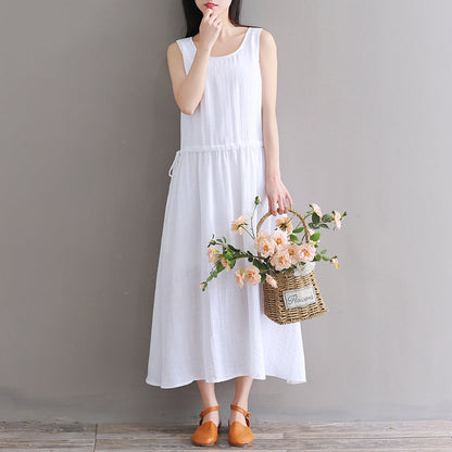 Feines weißes Leinenkleid aus reiner Baumwolle, übergroßes Freizeitkleid, Boutique, ärmelloses Baumwoll-Leinenkleid mit Rundhalsausschnitt und Kordelzug
