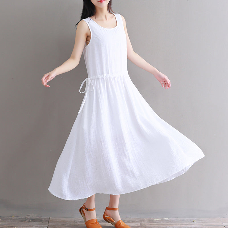 Feines weißes Leinenkleid aus reiner Baumwolle, übergroßes Freizeitkleid, Boutique, ärmelloses Baumwoll-Leinenkleid mit Rundhalsausschnitt und Kordelzug