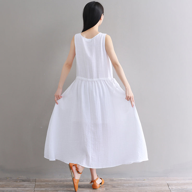 Feines weißes Leinenkleid aus reiner Baumwolle, übergroßes Freizeitkleid, Boutique, ärmelloses Baumwoll-Leinenkleid mit Rundhalsausschnitt und Kordelzug