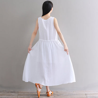 Feines weißes Leinenkleid aus reiner Baumwolle, übergroßes Freizeitkleid, Boutique, ärmelloses Baumwoll-Leinenkleid mit Rundhalsausschnitt und Kordelzug