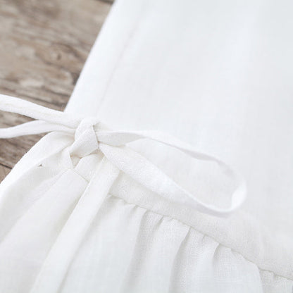 Feines weißes Leinenkleid aus reiner Baumwolle, übergroßes Freizeitkleid, Boutique, ärmelloses Baumwoll-Leinenkleid mit Rundhalsausschnitt und Kordelzug