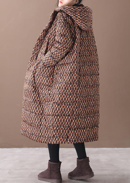 Fine yellow plaid down coat winter plus size jacket hooded zippered Luxury coats - SooLinen