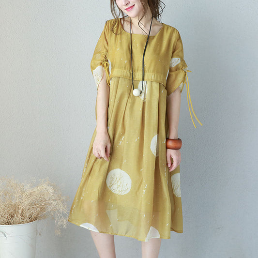 Chiffonkleider mit feinen gelben Drucken, übergroßes Kleid mit hoher Taille, elegante Kleider mit Kordelzugärmeln