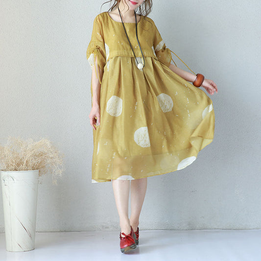 Chiffonkleider mit feinen gelben Drucken, übergroßes Kleid mit hoher Taille, elegante Kleider mit Kordelzugärmeln