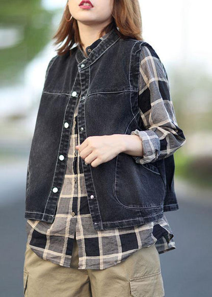 Fitted  Black Stand Collar Pockets Button Fall Top Sleeveless Waistcoat - SooLinen