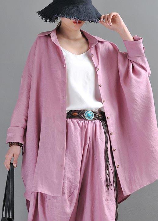 Fitted  Pink Purple side open Cotton Linen Summer Blouse Top - SooLinen