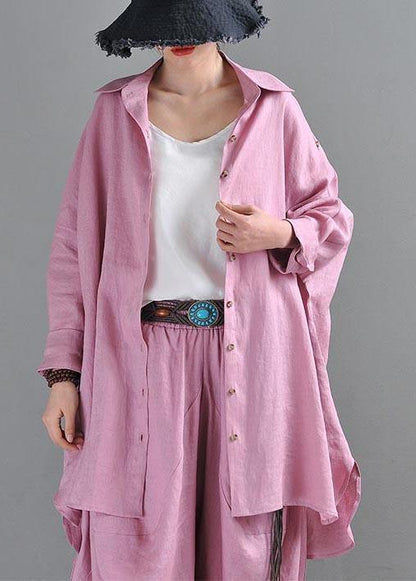 Fitted  Pink Purple side open Cotton Linen Summer Blouse Top - SooLinen