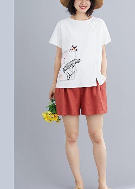 Fitted  White Embroideried Lotus Blouse Tops Summer Cotton Linen - SooLinen