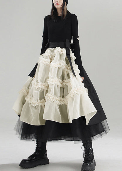 Taillierter Apricot Asymmetrischer Patchwork Tüllrock Frühling