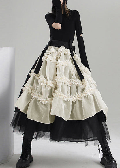 Taillierter Apricot Asymmetrischer Patchwork Tüllrock Frühling