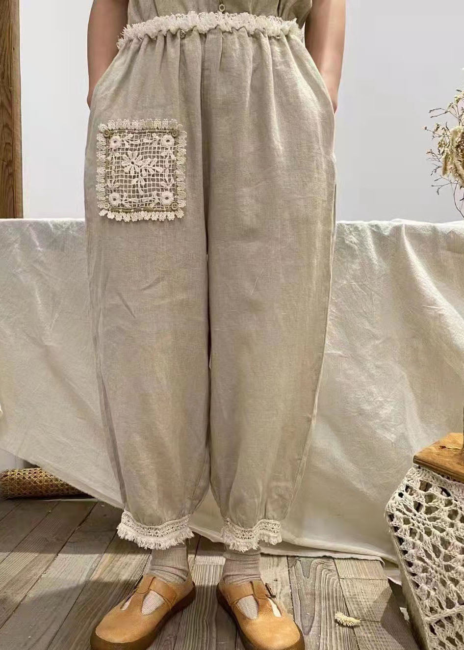 Taillierte Apricot Rüschen Patchwork Leinenhose Frühling