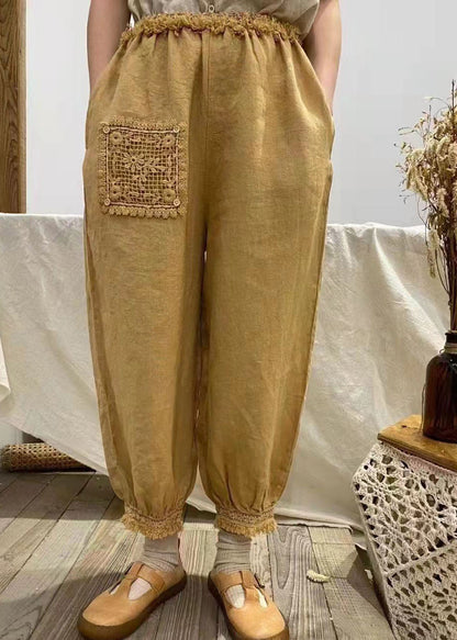 Taillierte Apricot Rüschen Patchwork Leinenhose Frühling