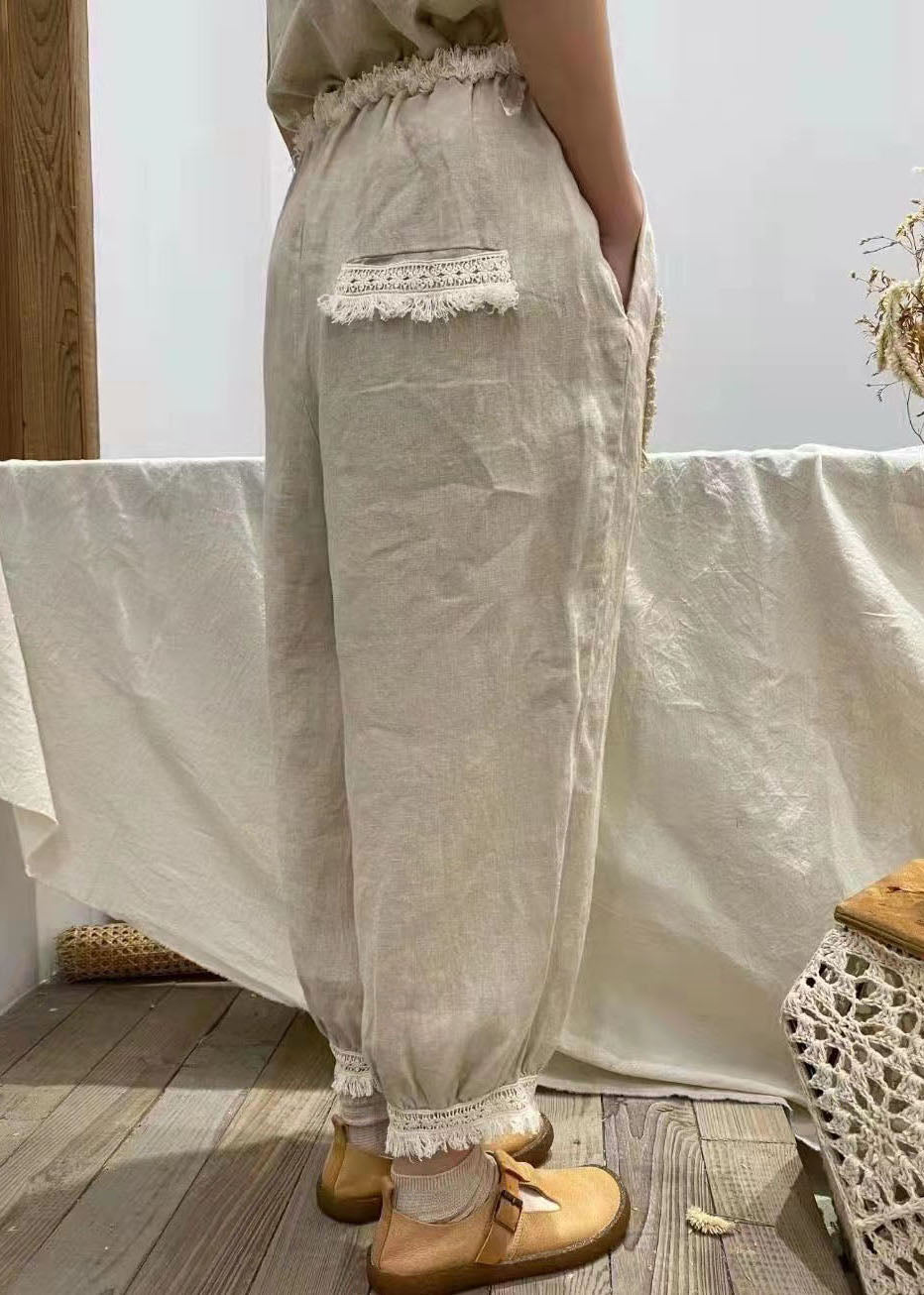 Taillierte Apricot Rüschen Patchwork Leinenhose Frühling